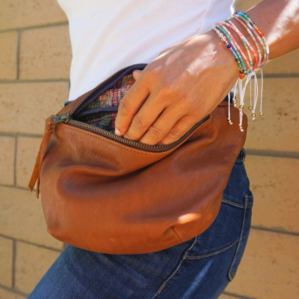 Nina Leather Sling Bag in Cafe crafted by artisans Julian & Zoila in Guatemala