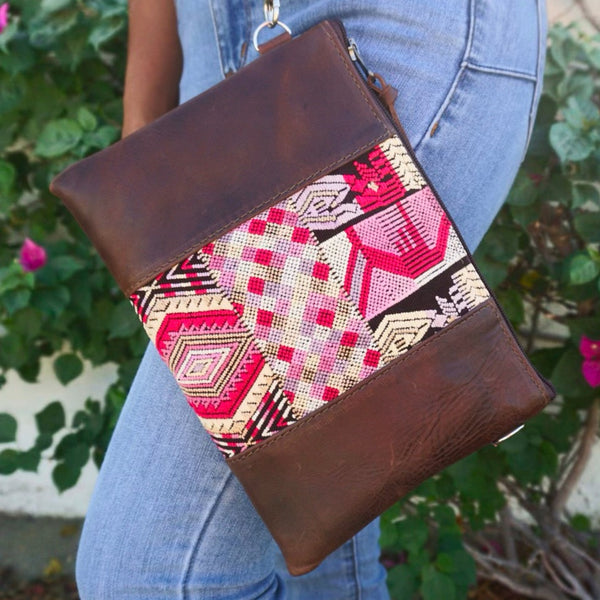 Elegant Chocolate Convertible Crossbody Bag with vintage huipil detailing, handcrafted by artisans in Guatemala