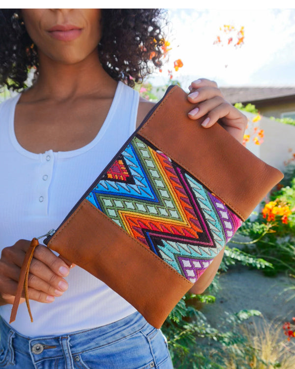 Artisan-crafted Convertible Crossbody Bag in Cafe with vintage huipil, a testament to traditional Mayan artistry from Guatemala