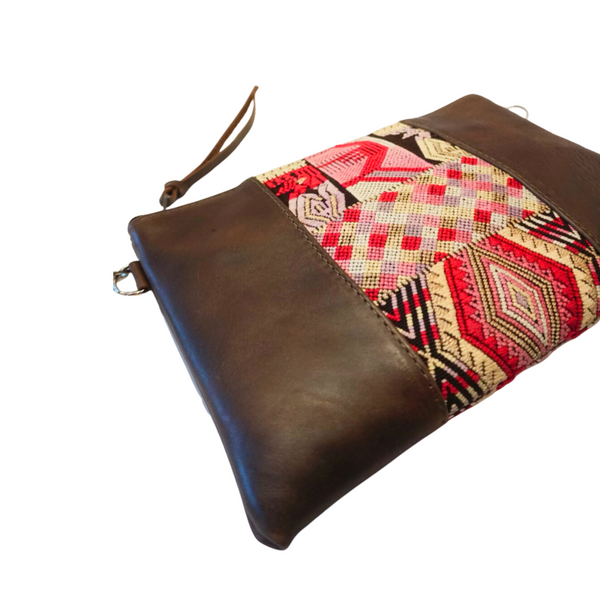 Sustainably made Chocolate Crossbody Bag featuring traditional Mayan huipil, merging artistry with functionality