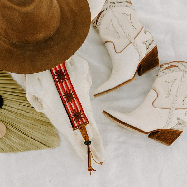 Artisan-crafted Sunny Dayz Embroidered Hat Band by Sol Authentica with adjustable leather and suede backing.