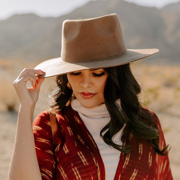 Versatile khaki wool fedora hat named Brooke, blending seamlessly with any outfit, featuring sun protection and an adjustable fit, by Sol Authentica