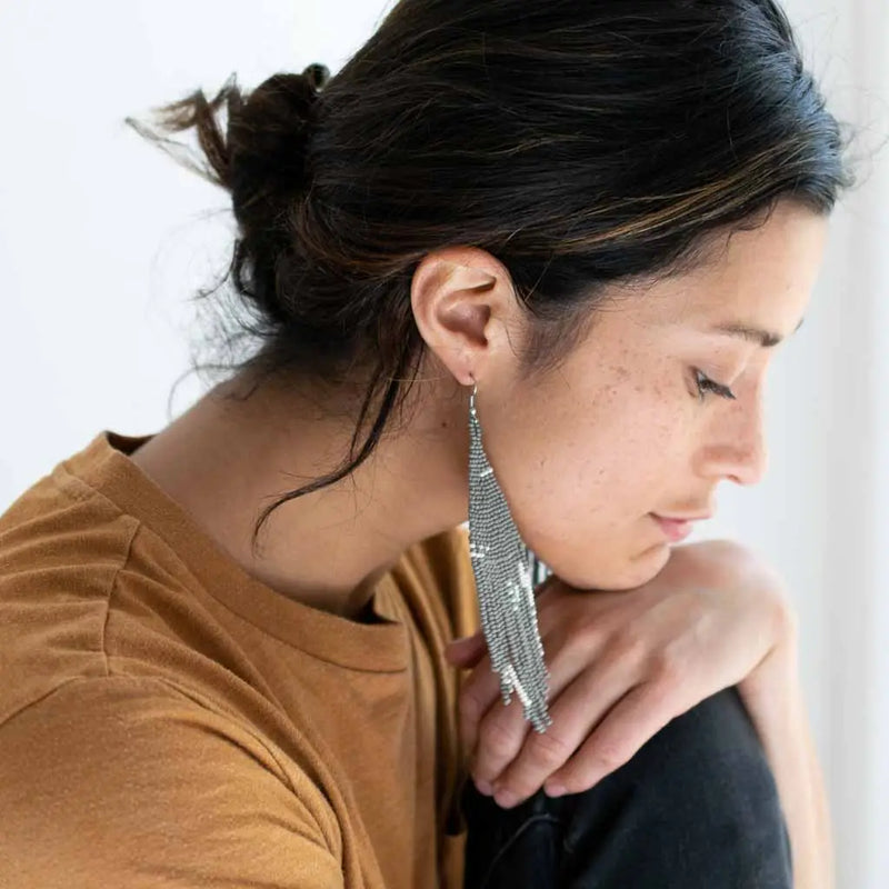 Intricately woven beaded fringe earrings by artisan women in Guatemala