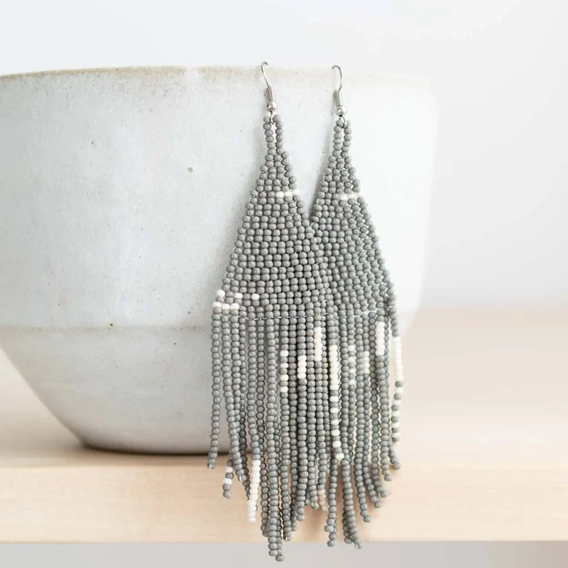 Intricately woven beaded fringe earrings by artisan women in Guatemala