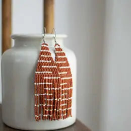Artisan-crafted beaded fringe earrings in red and white
