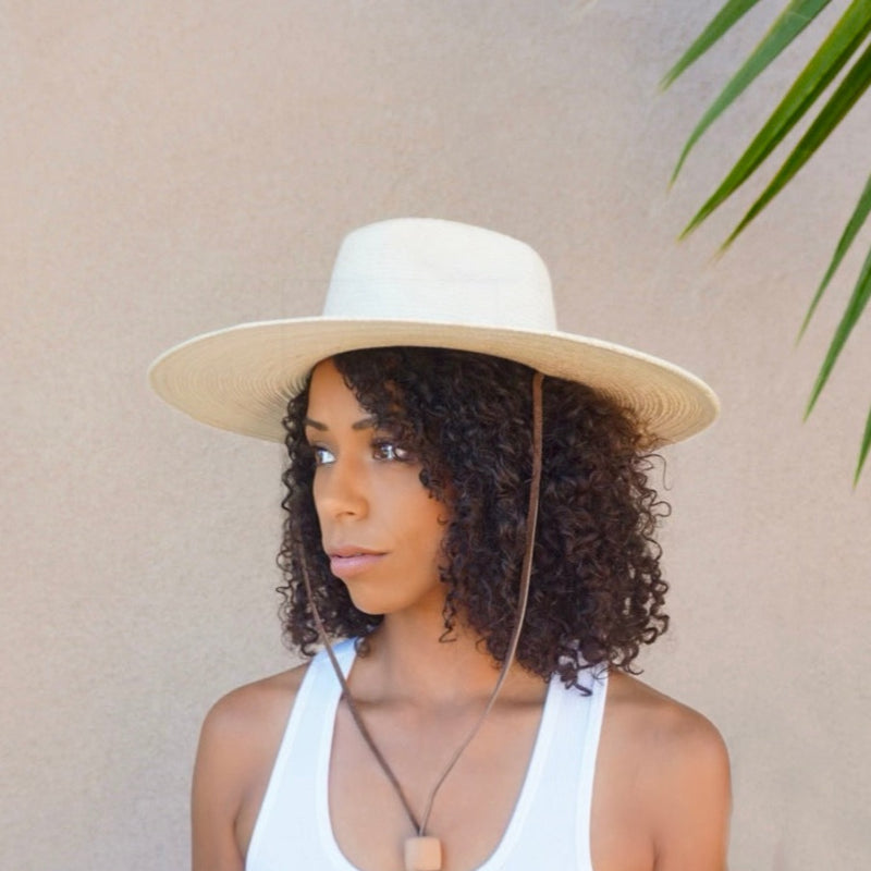 Riley fedora Guatemalan palm hat with leather chin strap for adventurous spirits