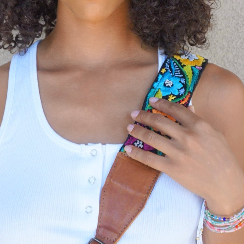 Vintage Embroidered Bag Strap in Cafe with geometric and floral designs, showcasing Mayan craftsmanship from Guatemala.