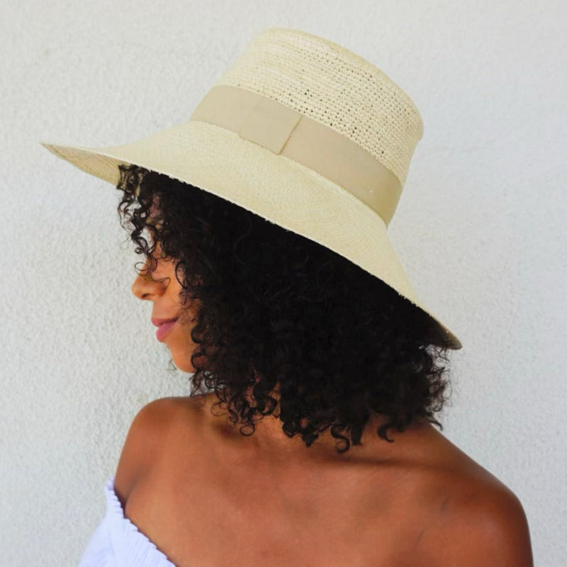 Handcrafted Lexie Panama hat with crochet crown and wide brim for sun protection