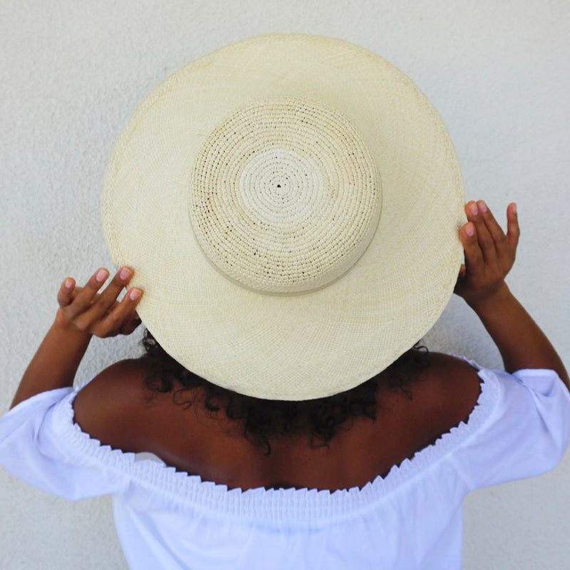 Bespoke Lexie toquilla straw hat with breathable Brisa weave and nude band, handcrafted by Sol Authentica artisans