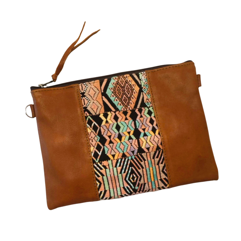 Sustainably made Cafe Convertible Bag adorned with a traditional huipil, embodying the essence of Guatemalan craftsmanship