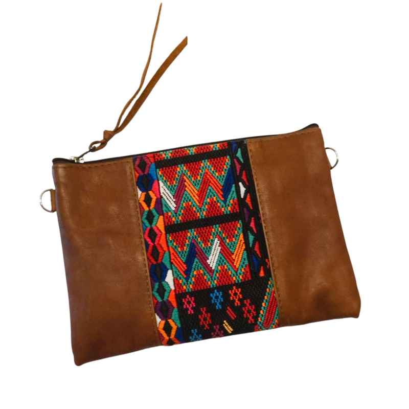 Unique Vintage Convertible Crossbody Bag in Cafe with traditional Mayan huipil, handcrafted in Guatemala