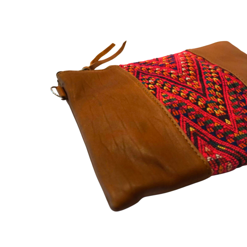 Elegant Cafe Crossbody Bag with adjustable strap, featuring vintage huipil embroidery by Guatemalan artisans