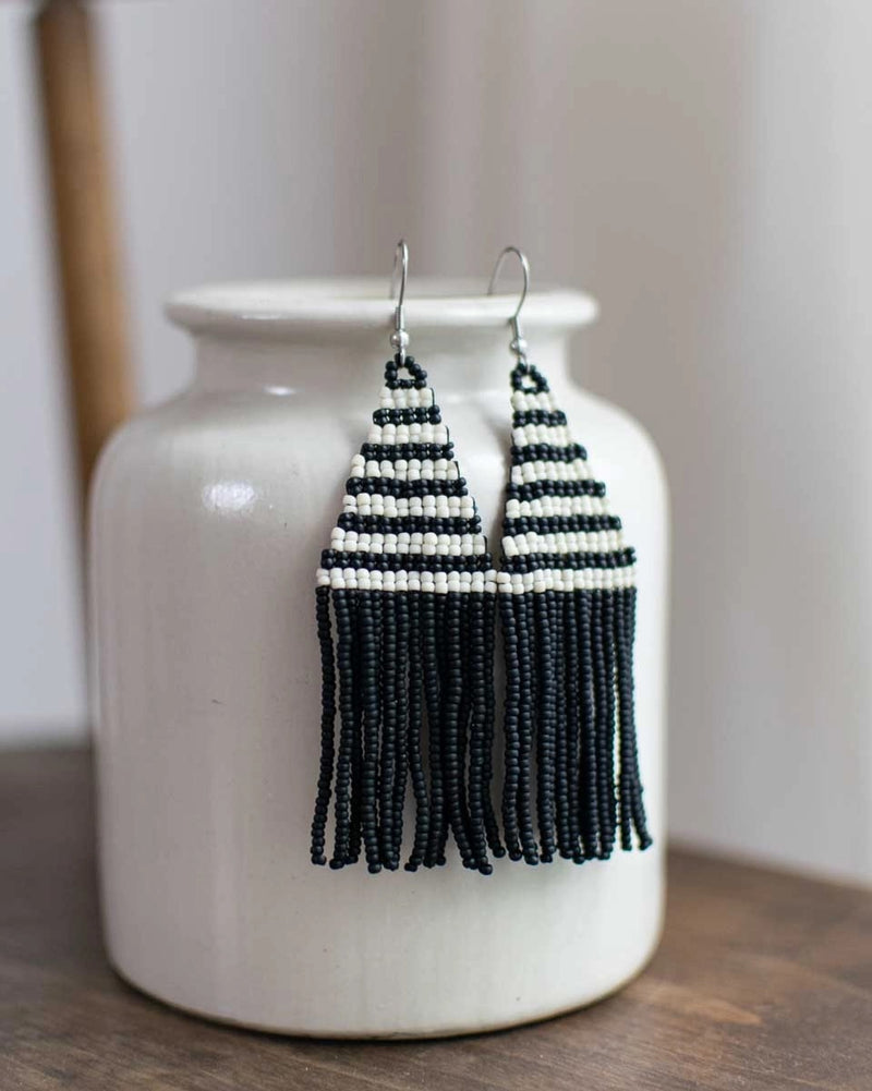 Intricately woven beaded fringe earrings by artisan women in Guatemala. Black & White