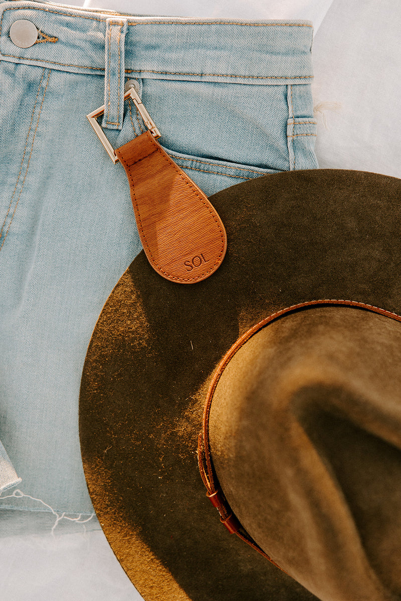 Close-up of magnetic hat clip with suede lining and high-powered magnet on Sol Authentica Hat