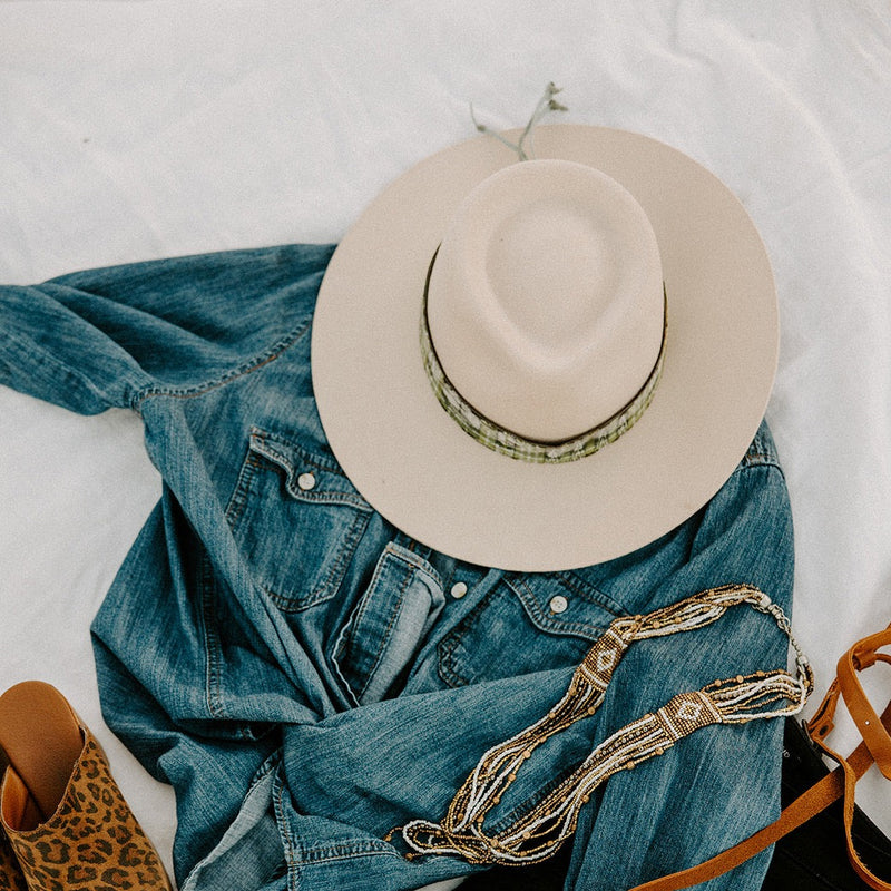 Elevate any hat with Sol Authentica's Wide Upcycled Corte Hat Band, featuring natural dyes and a hint of fabric shine.