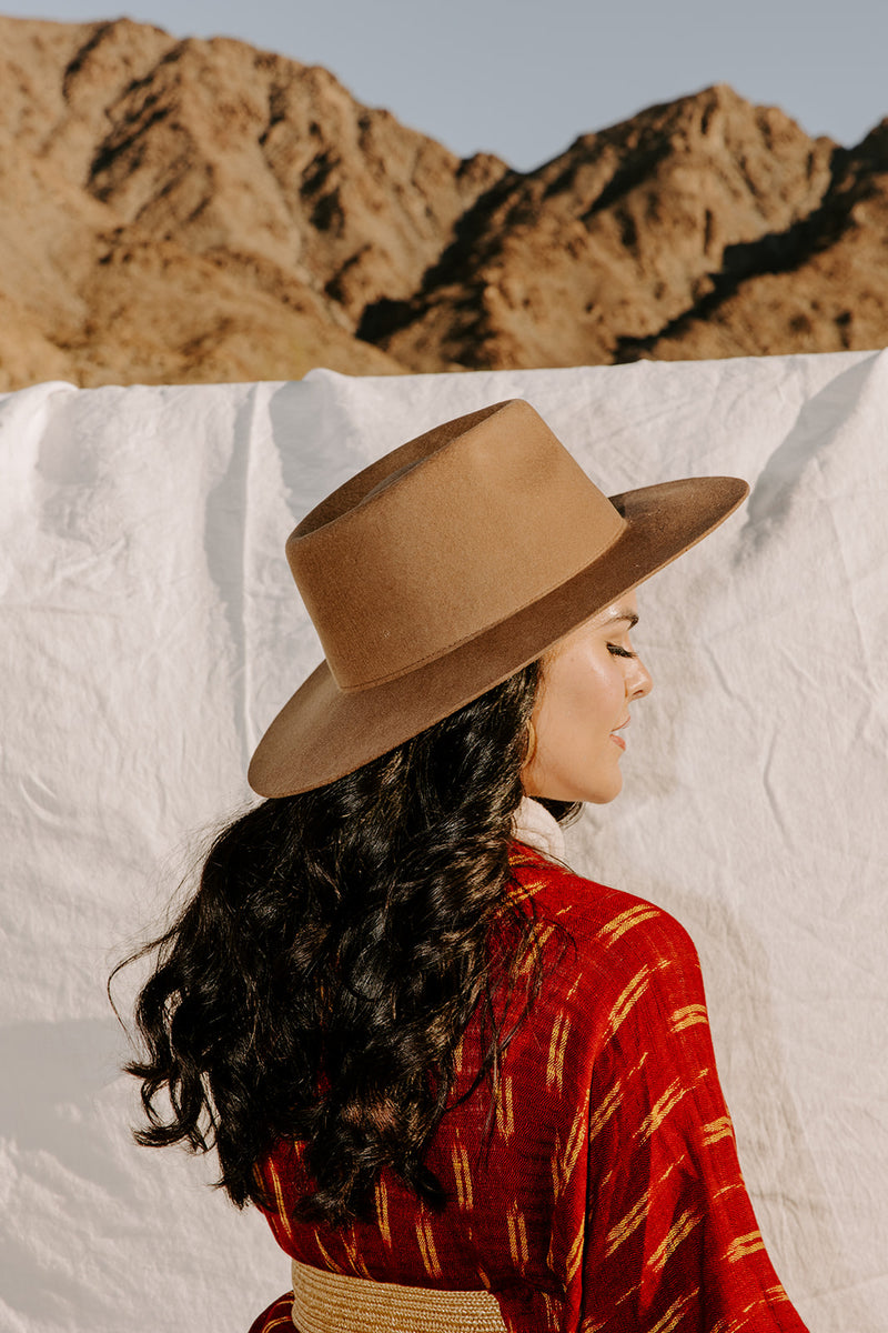 Elegant and timeless Brooke Fedora in Khaki, designed for indoor and outdoor adventures with an adjustable velcro band, available at Sol Authentica