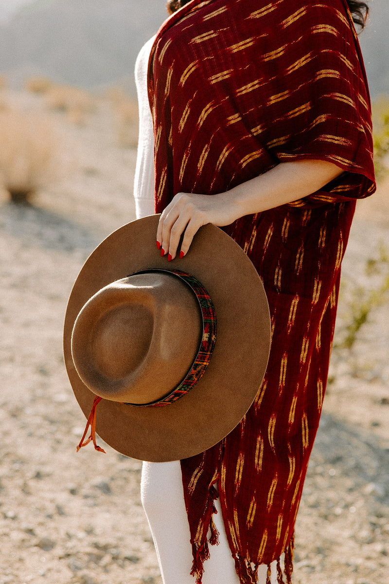 The Brooke Bestie Hat in neutral ivory and khaki tones, crafted from sustainable wool with a wide upcycled corte band, exclusively at Sol Authentica.