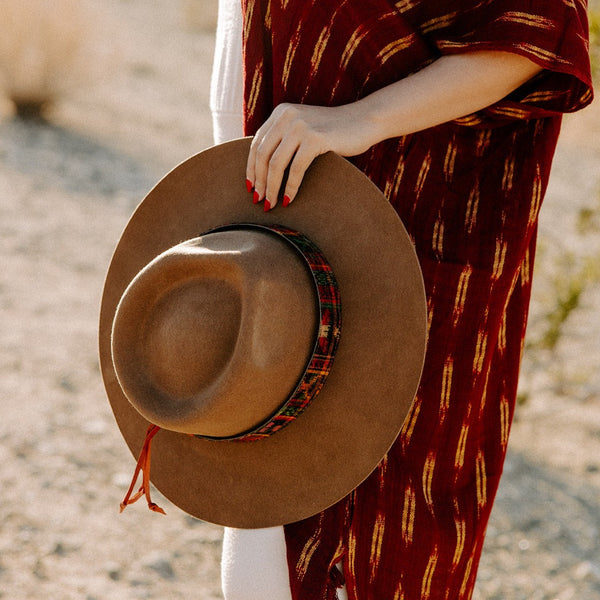 Unique Wide Upcycled Corte Hat Band by Sol Authentica, handcrafted from repurposed Mayan textiles with IKAT print.