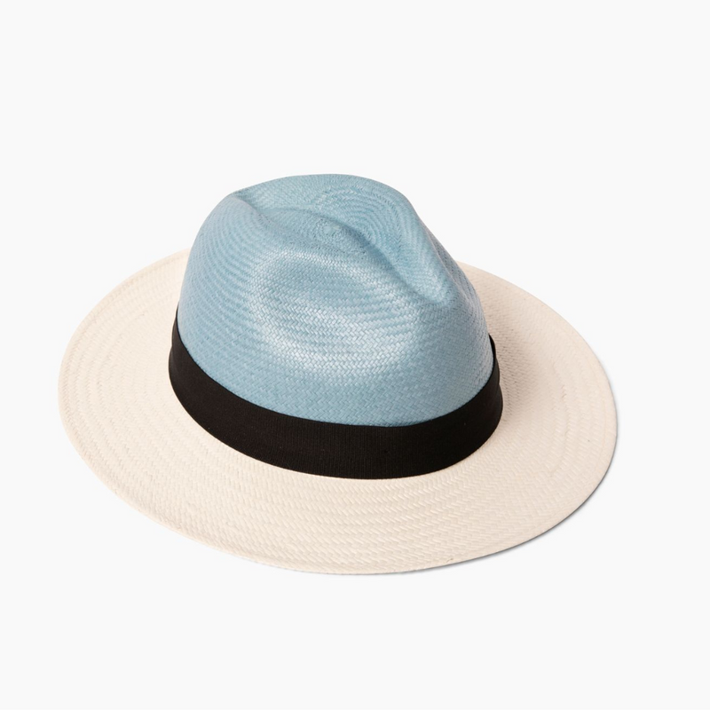 Two-toned toquilla straw fedora The City Hat Dezi in light blue and white