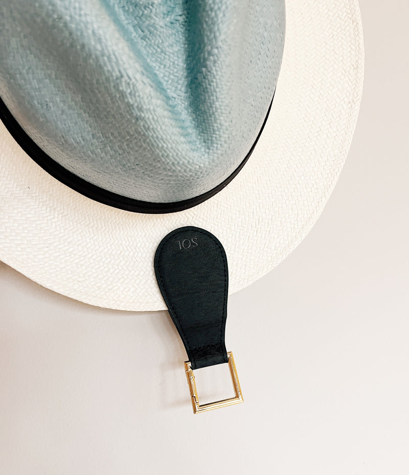 Vegan leather magnetic hat clip attached to a hat in black color