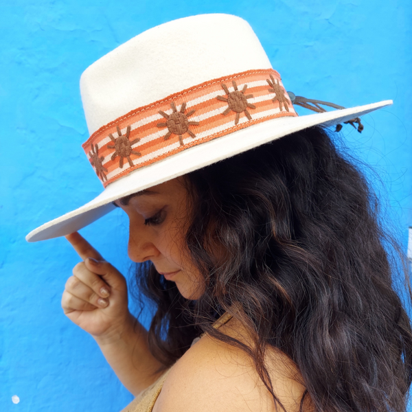 Sunny Dayz Embroidered Hat Band featuring hand-embroidered sun symbols on a striped band.